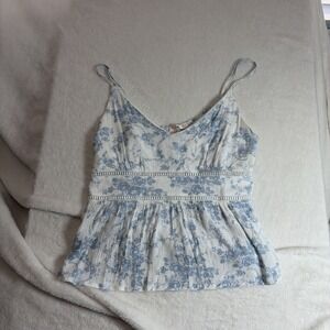 Mi Ami Women's Babydoll Tank Top Size L Boho Cottagecore Navy Floral Festival